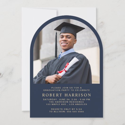 エレガントアーチフォトブルー金ゴールド卒業パーティー 招待状 (裏面)