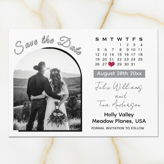 エレガントアーチフォト 白黒 結婚式カレンダー セーブザデート
