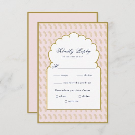 エレガントアーチフレームピンクインディアン結婚式RSVPカード 出欠カード (正面/裏面)