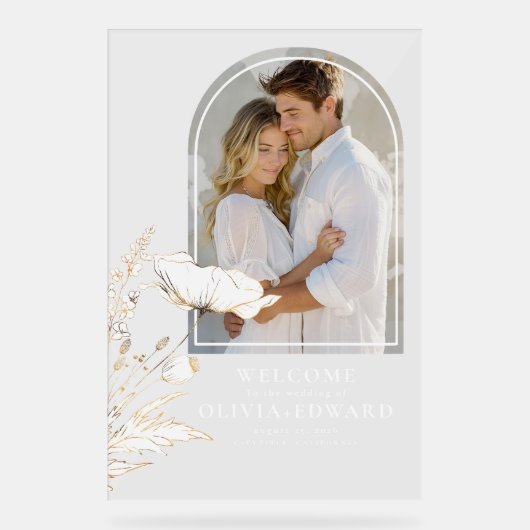 エレガントアーチ写真と野結婚花の歓迎 アクリルサイン (正面)