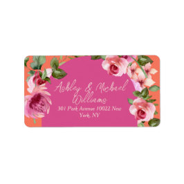 エレガントアーチ型フレームピンクとオレンジ色のフローラ結婚 ラベル