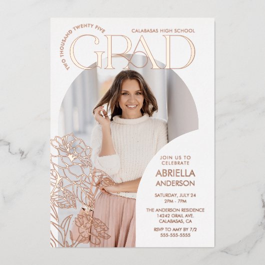 エレガントアーチ型フローラフォトフレーム 箔招待状 (正面)