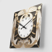 エレガントアールデコクロック – 白黒フェイク金ゴールド スクエア壁時計 (傾斜)