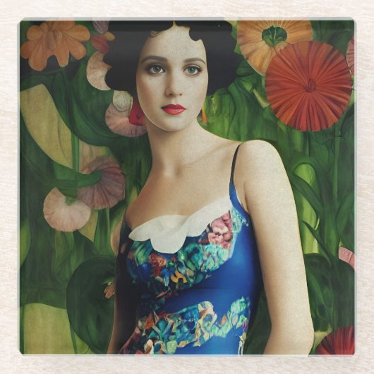 エレガントアールデコスタイル大花芸術 ガラスコースター (正面)