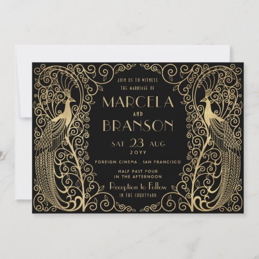 エレガントアールデコピーコ結婚ックスの金ゴールドオン 招待状 (正面)