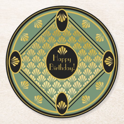 エレガントアールデコファンパターカスタムン文字誕生日 ラウンドペーパーコースター (正面)