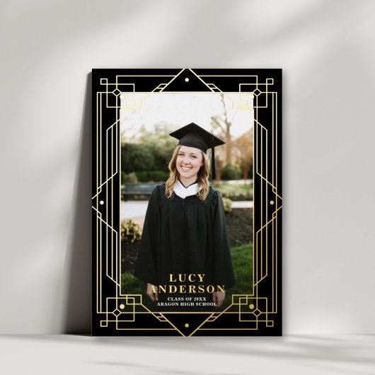 エレガントアールデコフレーム写真実在卒業 箔招待状