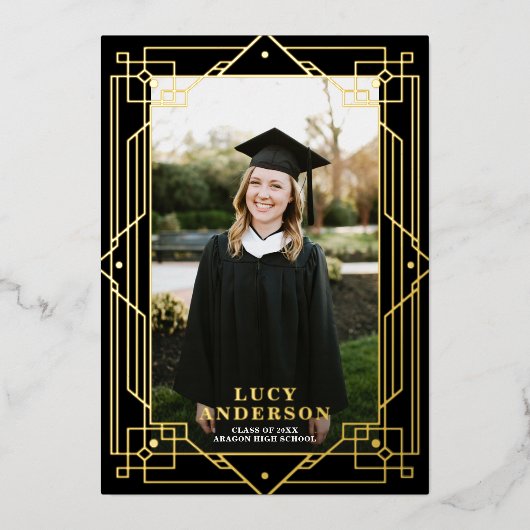 エレガントアールデコフレーム写真実在卒業 箔招待状 (正面)