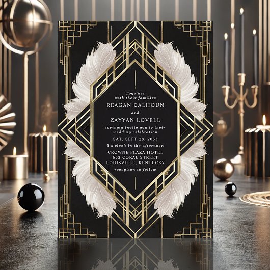 エレガントアールデコブラックと金ゴールドフェザー結婚ズ 招待状
