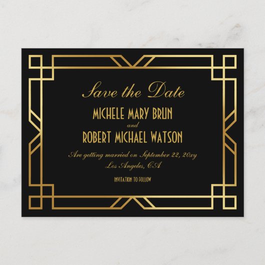 エレガントアールデコブラック金ゴールドフレーム日付の保存 ポストカード (正面)
