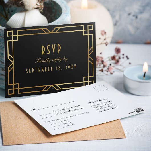 エレガントアールデコブラック金ゴールドフレーム食事の選択RSVP ポストカード