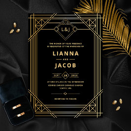 エレガントアールデコブラック金ゴールド結婚式招待状 招待状
