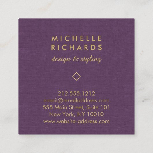 エレガントアールデコプロフェッショナルパープルリネン/金ゴールド スクエア名刺 (裏面)