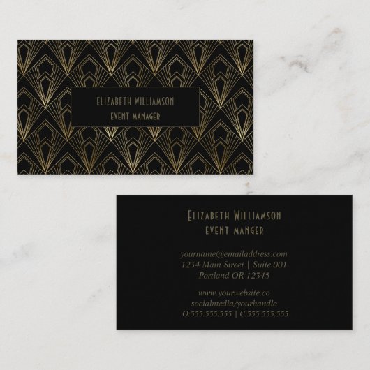 エレガントアールデコプロフェッショナル |ブラックと金ゴールド 名刺 (正面/裏面)