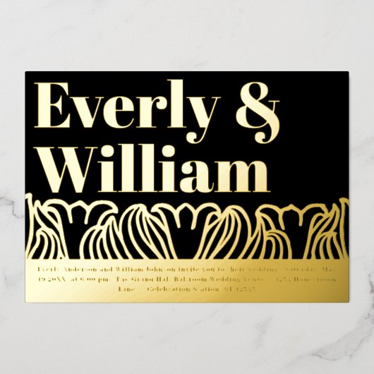 エレガントアールデコモダン結婚金ゴールド 箔招待状 (正面)