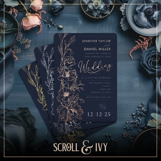 エレガントアールデコワイルドフラワー結婚式招待状 箔招待状