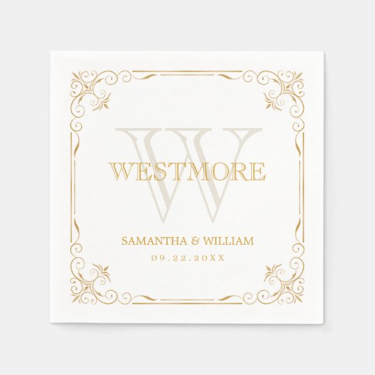 エレガントアールデコヴィンテージ金ゴールドモノグラ結婚ムの スタンダードカクテルナプキン (正面)