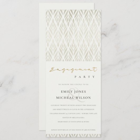 エレガントアールデコ白モダン銀婚約 招待状 (正面/裏面)
