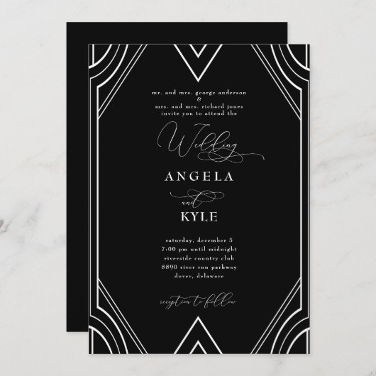 エレガントアールデコ白黒結婚ズ 招待状 (正面/裏面)