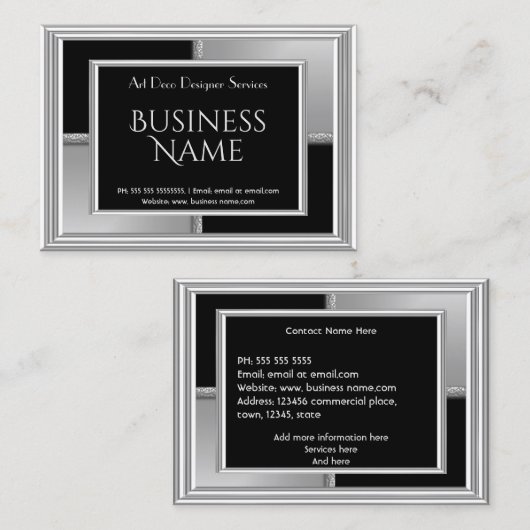 エレガントアールデコ銀黒幾何金属 名刺 (正面/裏面)