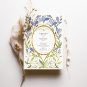 エレガントアールヌーボーダスティブルー&金ゴールド結婚ズ 招待状