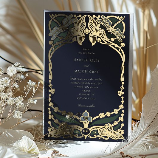 エレガントアールヌーボードラゴンフライ結婚式招待状 箔招待状