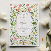 エレガントアールヌーボーフローラ水彩金ゴールド結婚ズ 箔招待状