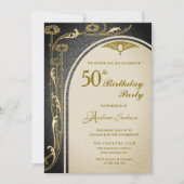 エレガントアールヌーボーブラック&金ゴールドフローラ誕生日 招待状 (正面)