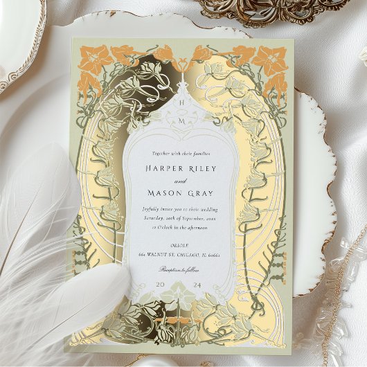 エレガントアールヌーボー結婚フローラデザイン 箔招待状
