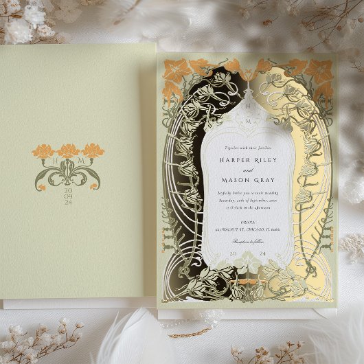 エレガントアールヌーボー結婚フローラデザイン 箔招待状
