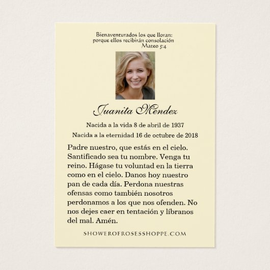 エレガントイエススペインのバラ宗教的祈りの言葉カード (裏面)