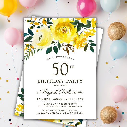 エレガントイエローガーデンバラフローラ50th誕生日 招待状