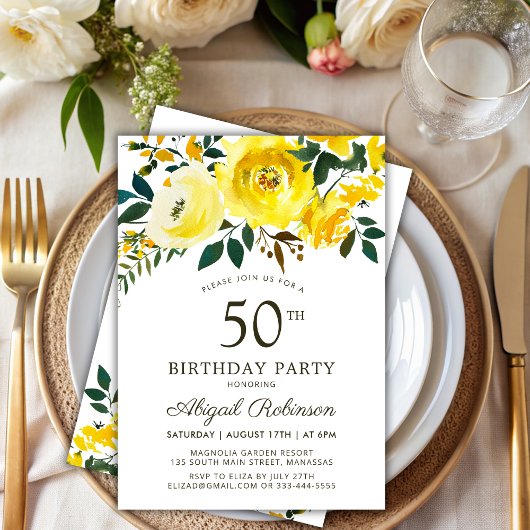 エレガントイエローガーデンバラフローラ50th誕生日 招待状