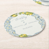 エレガントイタリアンブルータイル結婚レモン ラウンドペーパーコースター (アングル)