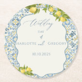 エレガントイタリアンブルータイル結婚レモン ラウンドペーパーコースター (正面)