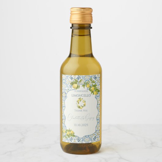 エレガントイタリアンブルータイル結婚レモン ワインラベル (正面)