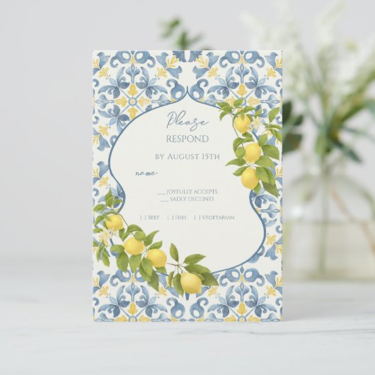 エレガントイタリアンブルータイル結婚レモン 出欠カード (スタンド正面)