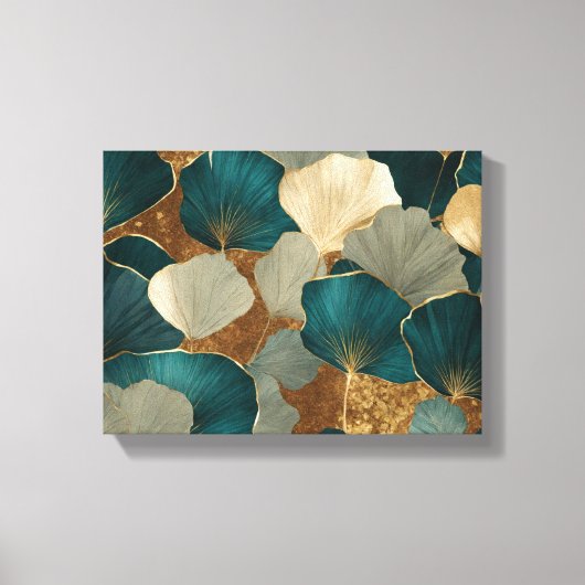 エレガントイチョウ離れの金ゴールドとティール（緑がかった色） キャンバスプリント (正面)