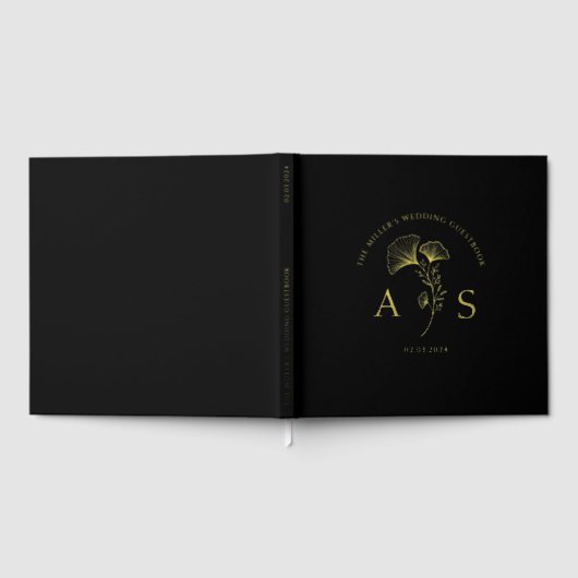 エレガントイチョウ離れフローラブラック結婚の箔 ゲストブック (全面)