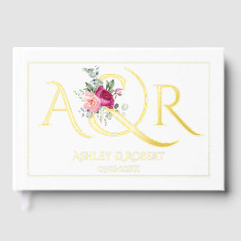 エレガントイニシャルとピンクの結婚バラの箔 ゲストブック