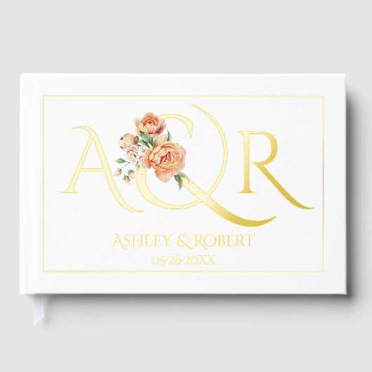 エレガントイニシャルと桃のバラの結婚箔 ゲストブック (正面)