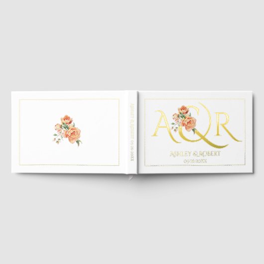 エレガントイニシャルと桃のバラの結婚箔 ゲストブック (全面)