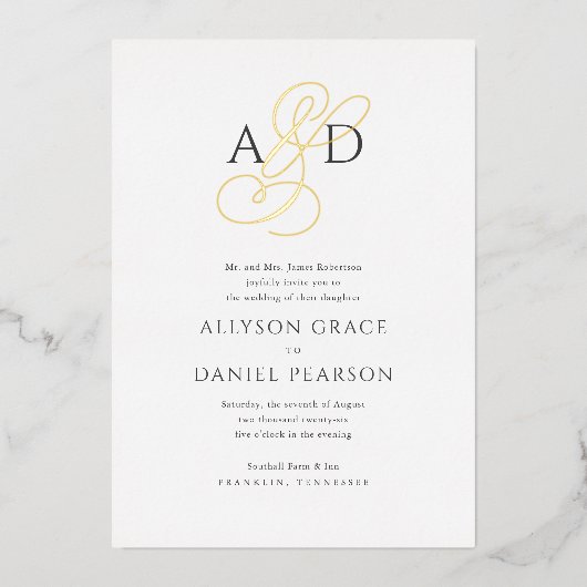 エレガントイニシャルスクリプクラシックトモノグ結婚ラム 箔招待状 (正面)