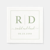 エレガントイニシャルセージ緑のモノクロ結婚モノクロ スタンダードカクテルナプキン (正面)