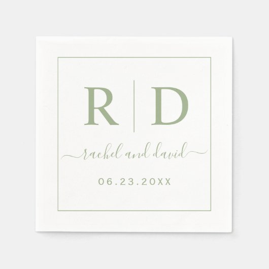 エレガントイニシャルセージ緑のモノクロ結婚モノクロ スタンダードカクテルナプキン (正面)