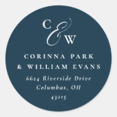 エレガントイニシャルネイビー結婚ブルー差出人住所 ラウンドシール (正面)