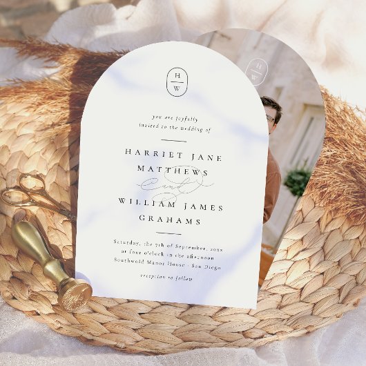 エレガントイニシャルブラック&ホワイトフォトアー結婚チ 招待状