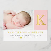 エレガントイニシャルモノグラム写真ベビー発表 箔招待状 (正面)
