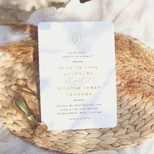 エレガントイニシャル白黒フォトズ結婚ズ 箔招待状