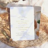 エレガントイニシャル白黒フォトズ結婚ズ 箔招待状